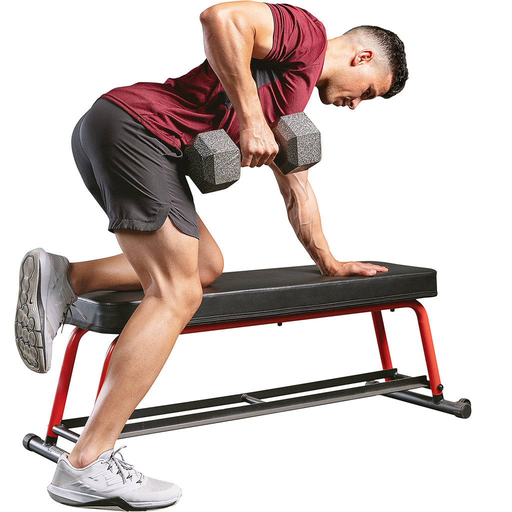Sunny Health & Fitness Power Zone Strength Flat Bench with Dumbbell Rack and Transport Wheels - SF-BH6996 Black
